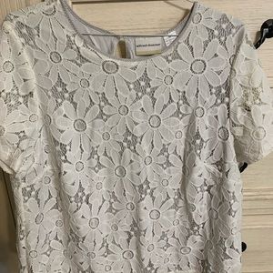 Alfred Dunner Women’s 16w shirt, white eyelet overlay with gray stripe underlay